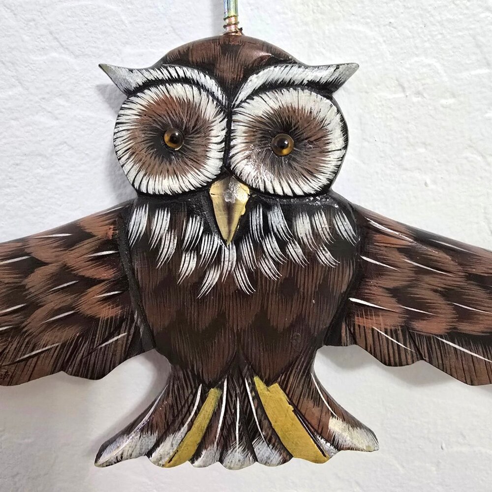 Hand Painted Owl Wooden Decorative Hanger Outstretched Wings Boho - Picture 7 of 13